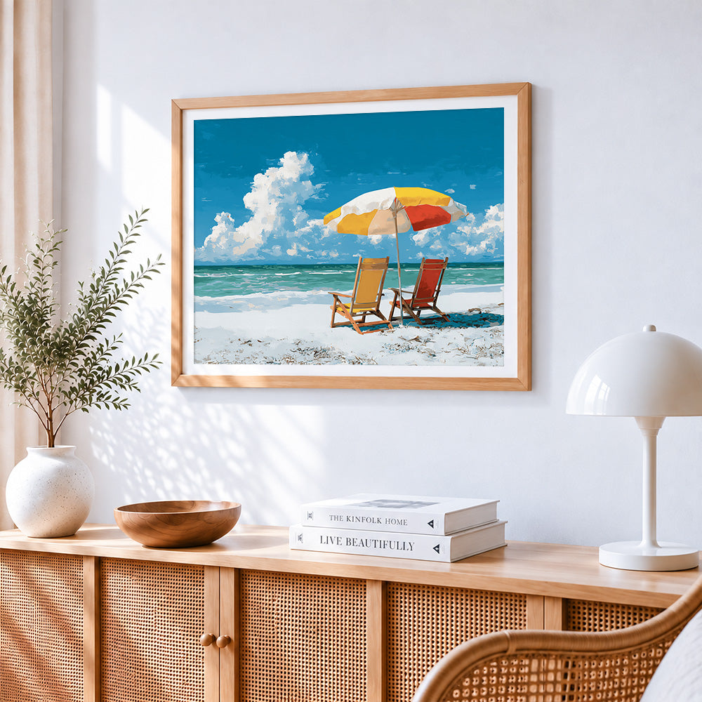 Beach parasol and chairs paint by numbers artwork displayed on wall as home decor