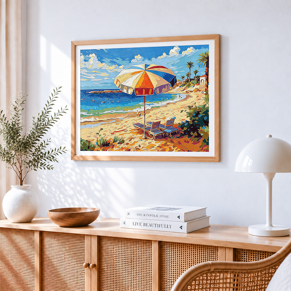 Beach parasol and deck chairs paint by numbers artwork displayed on wall as home decor