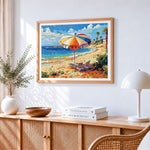 Beach parasol and deck chairs paint by numbers artwork displayed on wall as home decor