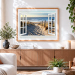 Finished beach path through dunes cross stitch artwork displayed