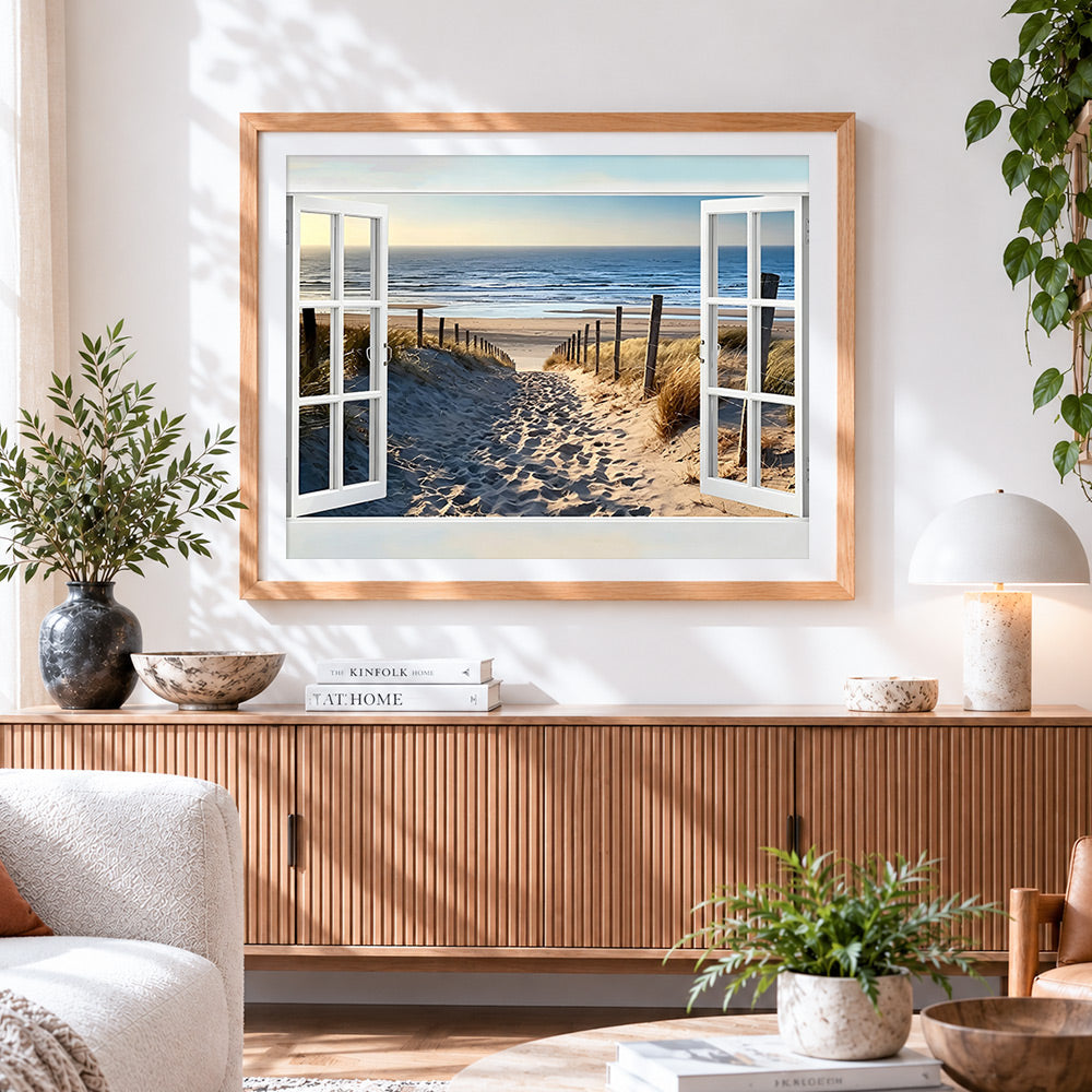 Finished beach path through dunes cross stitch artwork displayed