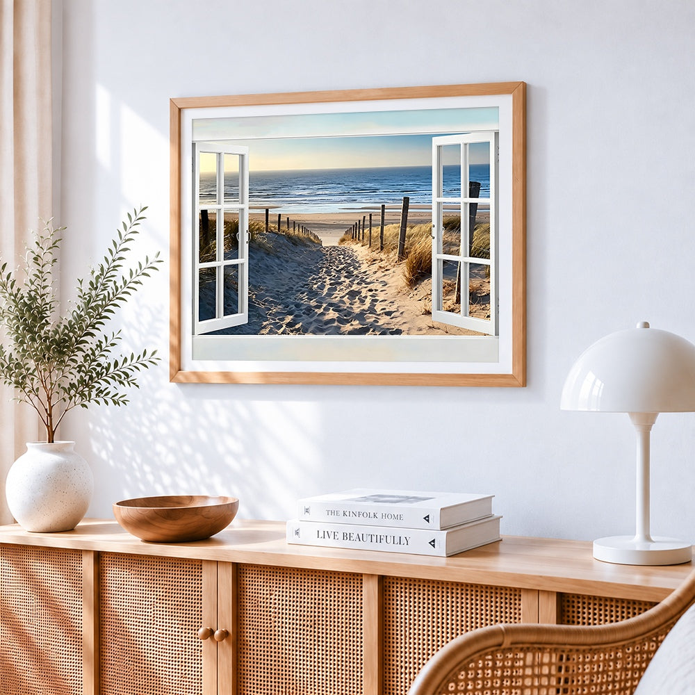 Beach path through dunes cross stitch artwork displayed on wall as home decor