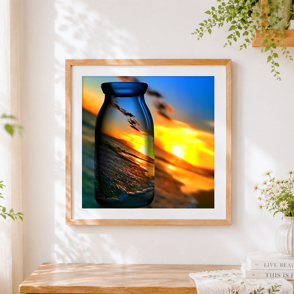 Finished beach sunset in glass bottle cross stitch artwork displayed