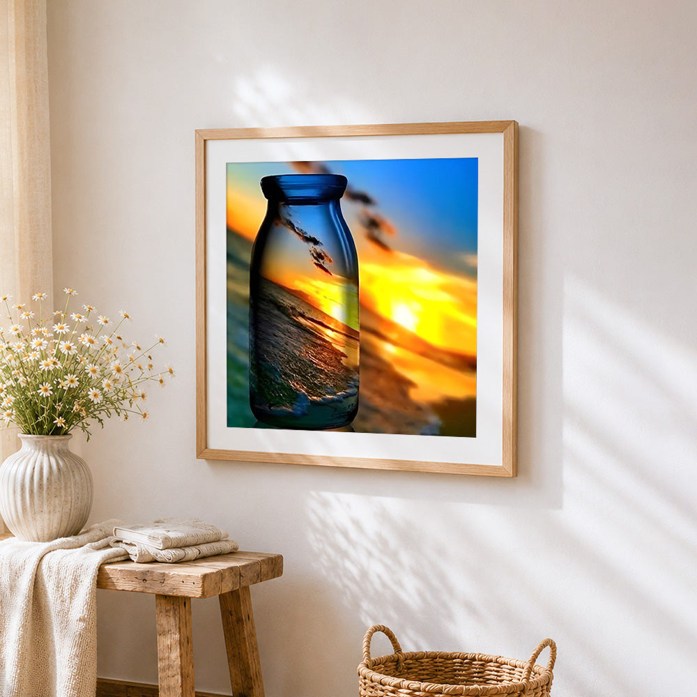 Beach sunset in glass bottle cross stitch artwork displayed on wall as home decor