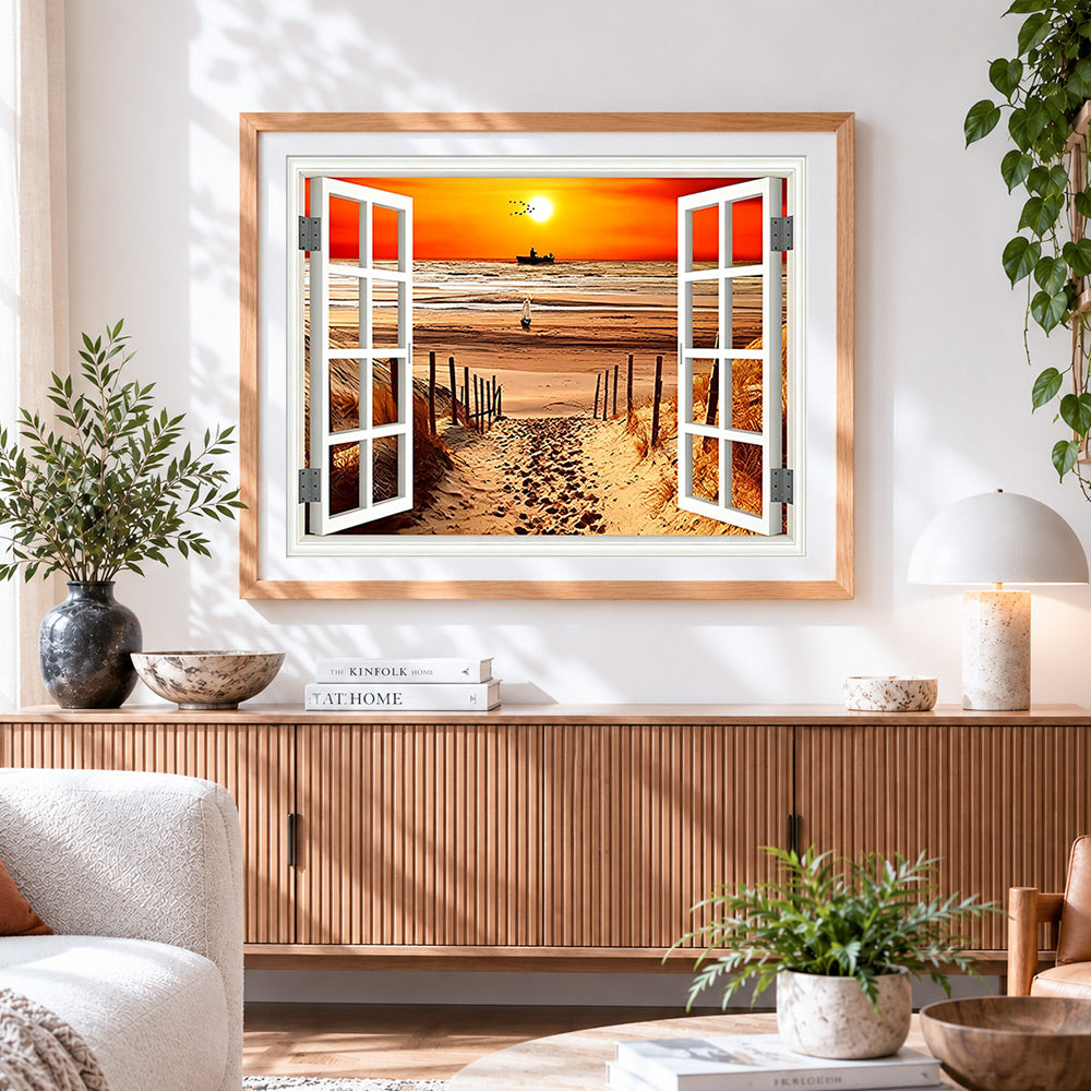 Finished beach sunset through open windows paint by numbers artwork displayed as home decor