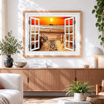 Finished beach sunset through open windows paint by numbers artwork displayed as home decor