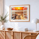 Beach sunset through open windows paint by numbers artwork displayed on wall as home decor