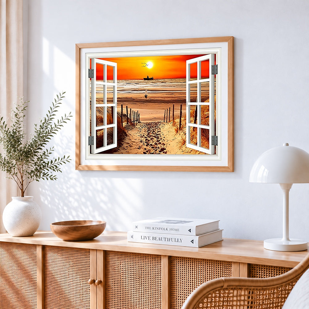 Beach sunset through open windows paint by numbers artwork displayed on wall as home decor