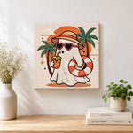 Finished beach vacation ghost artwork displayed on a wall