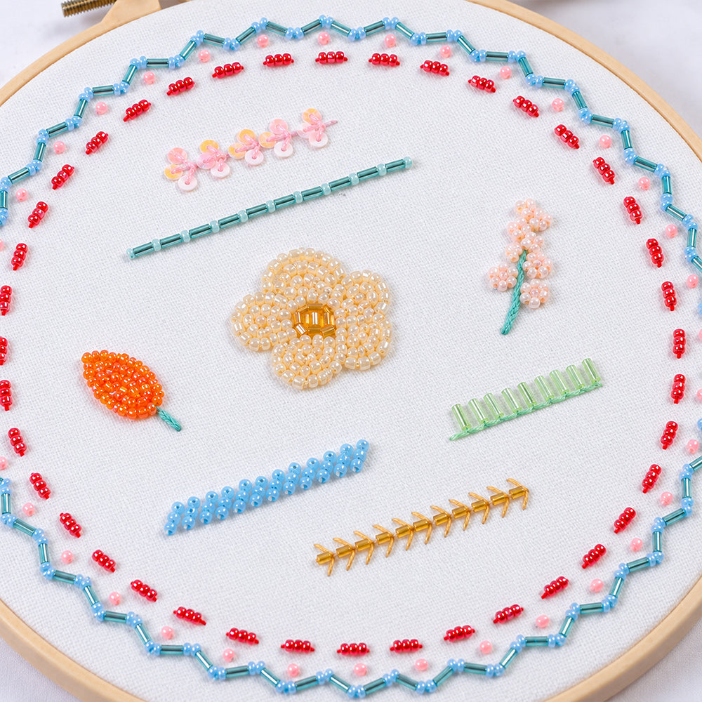 Bead Embroidery Kit – 3-Piece Floral Practice Set close-up of practice hoop details