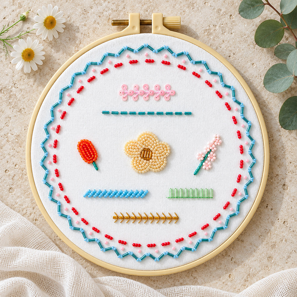 Bead Embroidery Kit – 3-Piece Floral Practice Set easy practice hoop