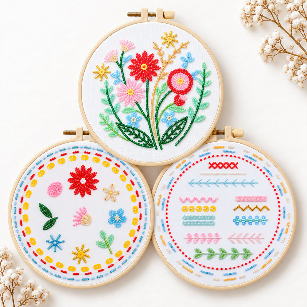 Bead Embroidery Kit 3-Piece Floral Stitch Practice Set
