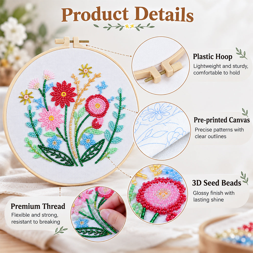 Bead Embroidery Kit details with 3D seed beads, pre-printed fabric and hoop