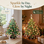 Beaded Christmas Tree Kit shown sparkling by day and glowing with warm light at night