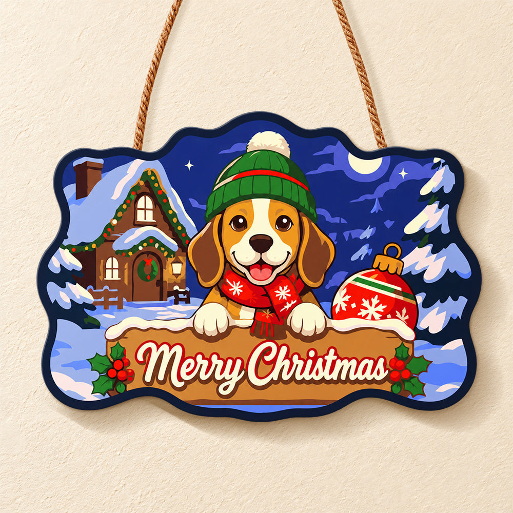 Beagle winter christmas paint by numbers door hanger finished design