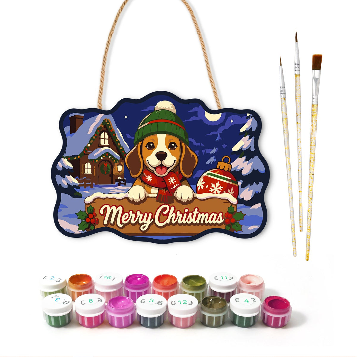Beagle winter christmas paint by numbers door hanger with paints and brushes