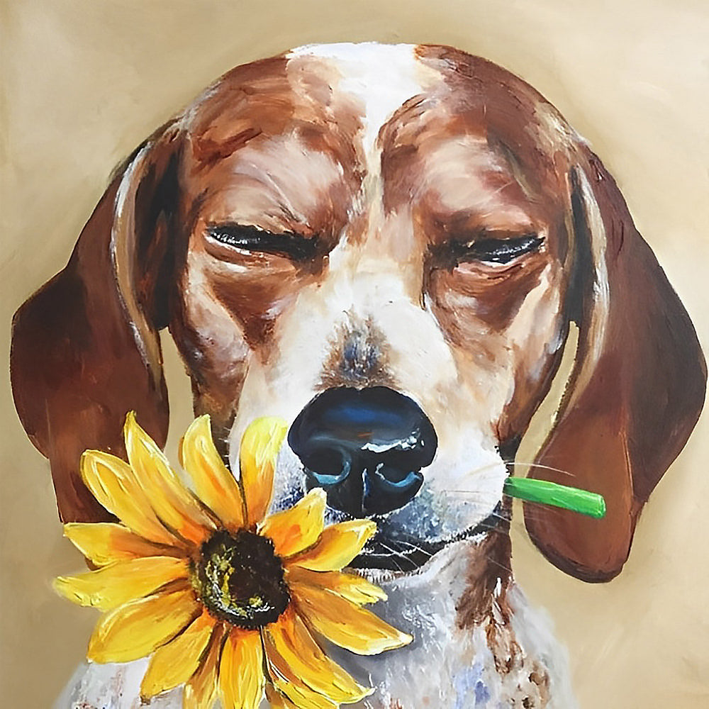 Beagle with a sunflower cross stitch kit for beginners