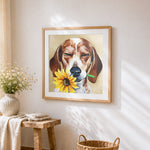 Beagle with a sunflower cross stitch artwork displayed on wall as home decor