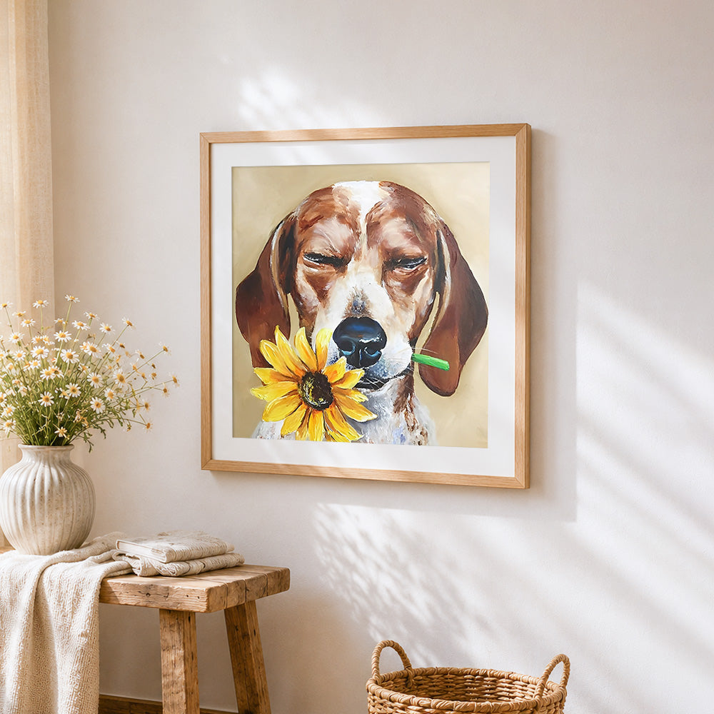 Beagle with a sunflower cross stitch artwork displayed on wall as home decor