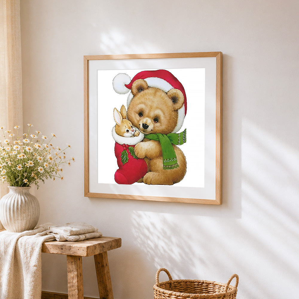 Bear and bunny in christmas stocking paint by numbers artwork displayed on wall as home decor