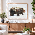 Finished bear and mountain forest double exposure cross stitch artwork displayed