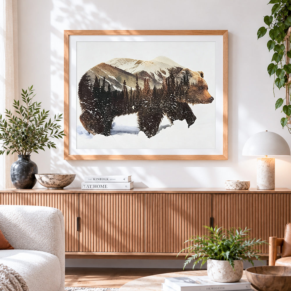 Finished bear and mountain forest double exposure cross stitch artwork displayed