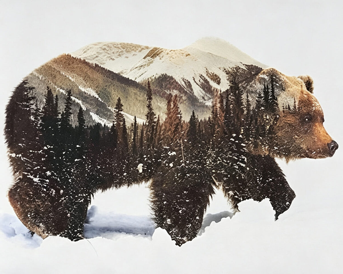 Bear and mountain forest double exposure cross stitch kit for beginners
