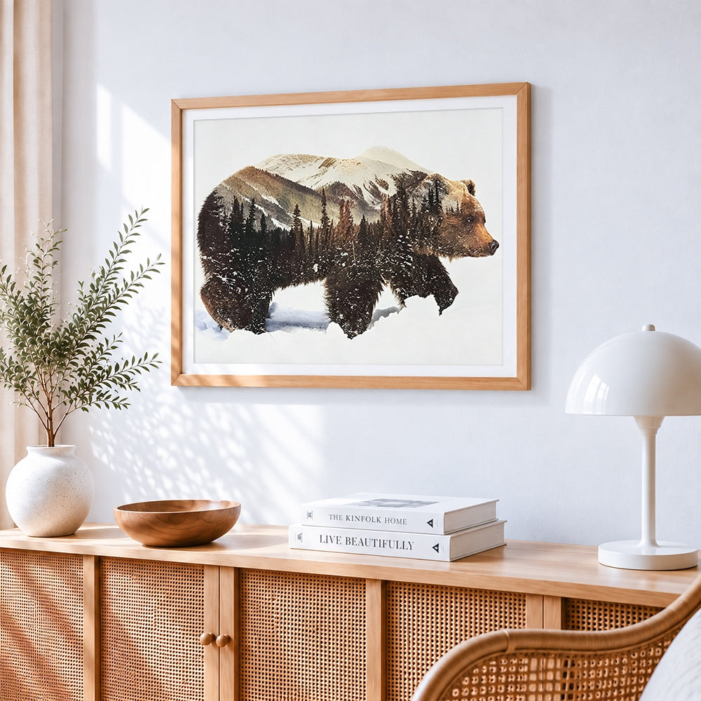 Bear and mountain forest double exposure cross stitch artwork displayed on wall as home decor