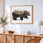 Bear and mountain forest double exposure paint by numbers artwork displayed on wall as home decor