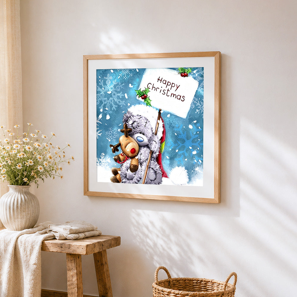 Bear and reindeer "happy christmas" paint by numbers artwork displayed on wall as home decor