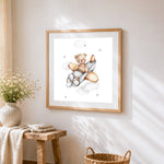 Bear flying a plane cross stitch artwork displayed on wall as home decor