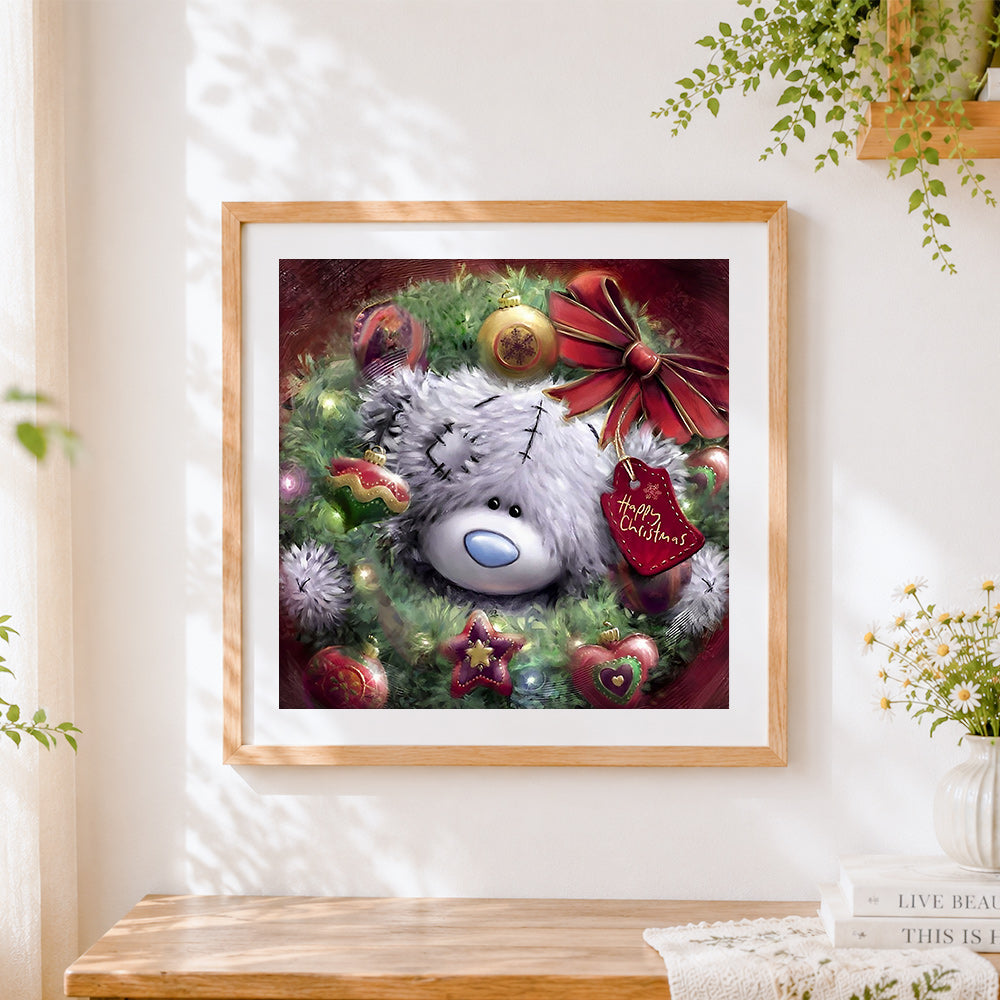 Finished bear in christmas wreath paint by numbers artwork displayed as home decor