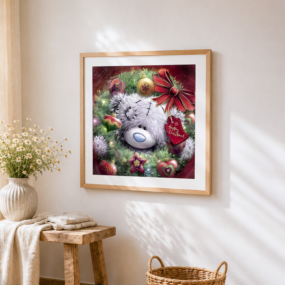 Bear in christmas wreath paint by numbers artwork displayed on wall as home decor