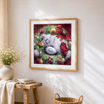 Bear in christmas wreath paint by numbers artwork displayed on wall as home decor