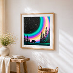 Bear under rainbow aurora cross stitch artwork displayed on wall as home decor