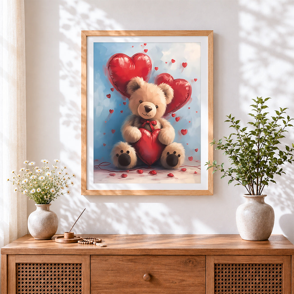 Finished bear with heart balloons cross stitch artwork displayed