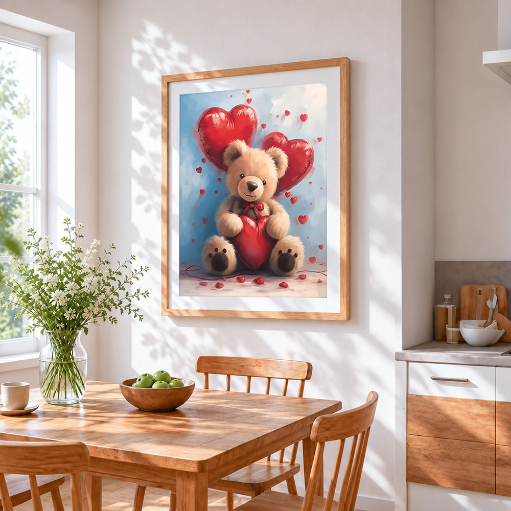 Bear with heart balloons cross stitch artwork displayed on wall as home decor