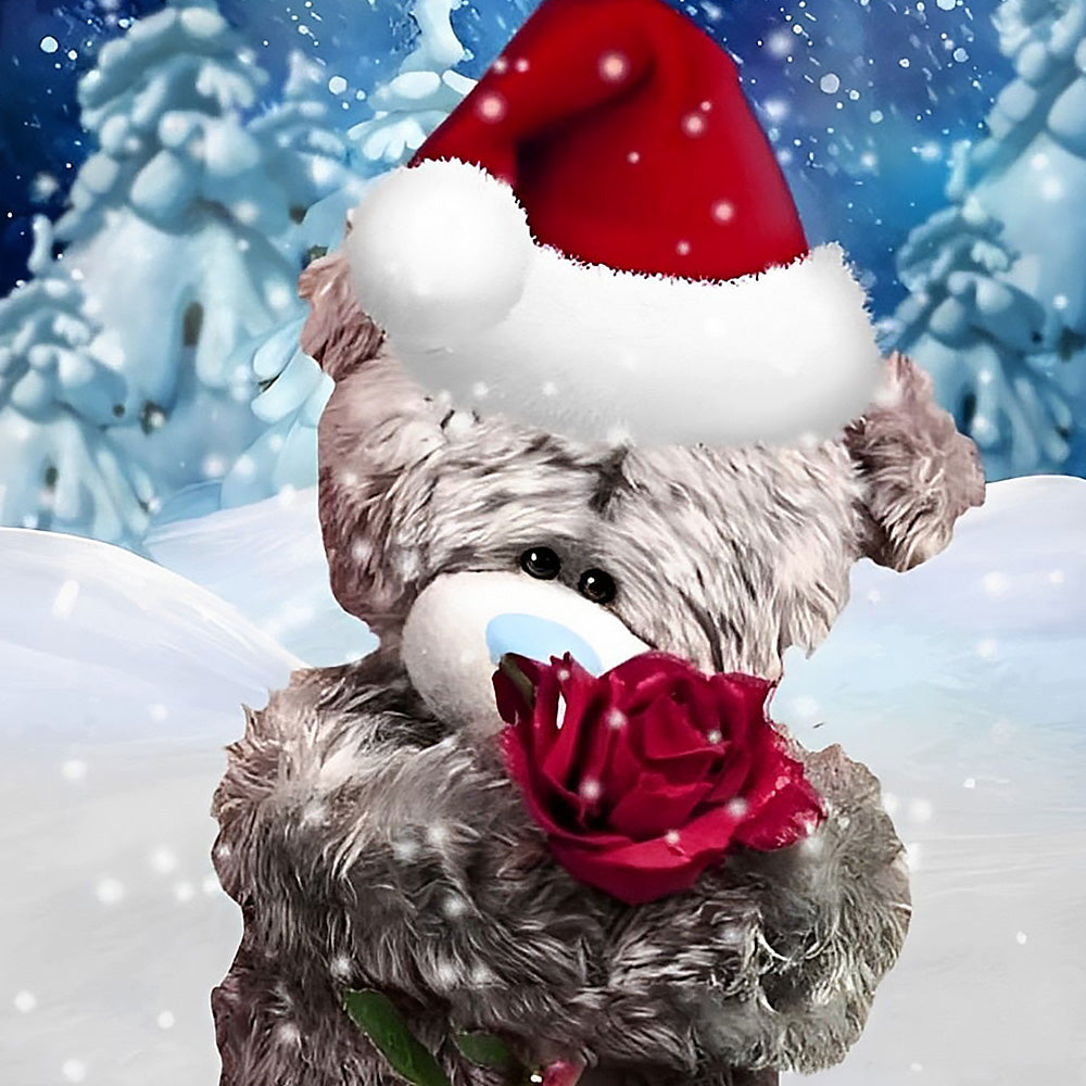 Bear with red rose in snow paint by numbers kit for beginners
