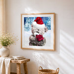 Bear with red rose in snow paint by numbers artwork displayed on wall as home decor