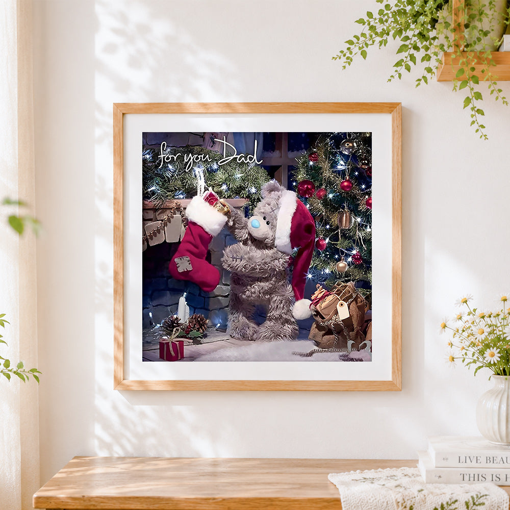 Finished bear with stocking "for you dad" cross stitch artwork displayed