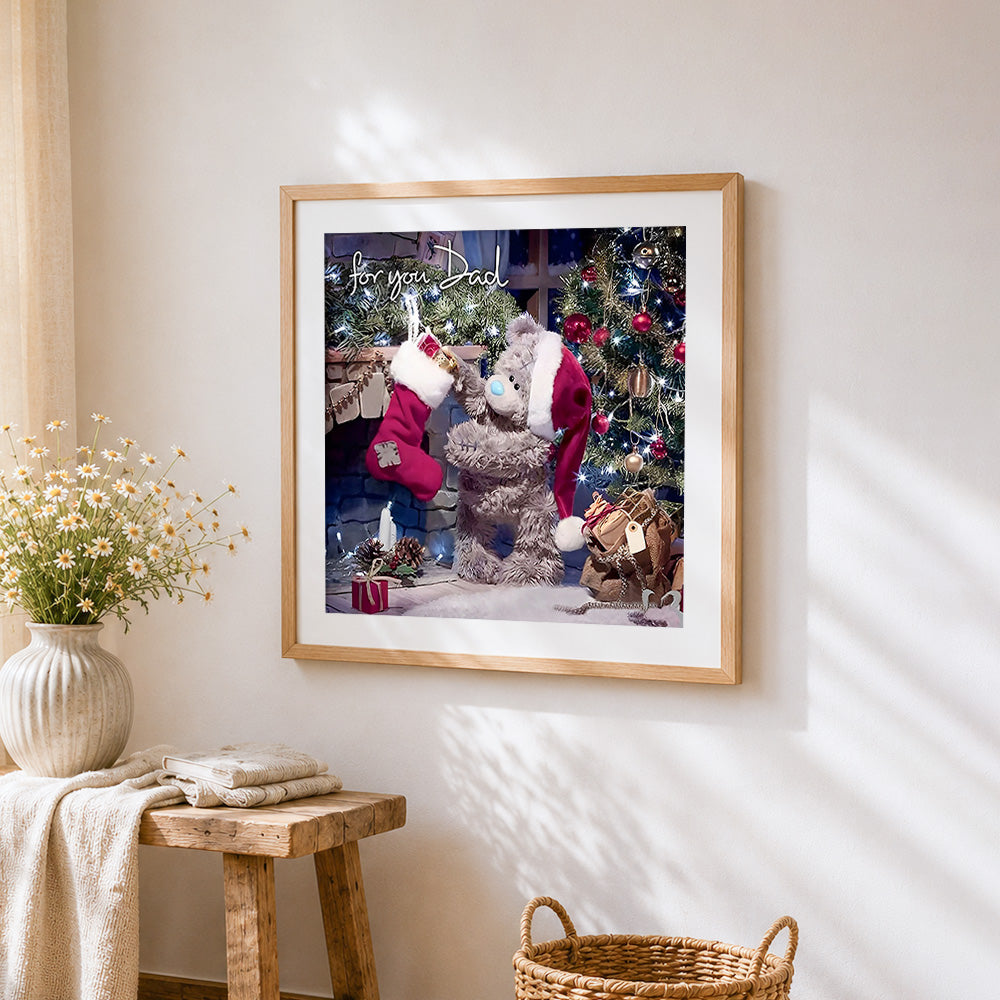 Bear with stocking "for you dad" paint by numbers artwork displayed on wall as home decor