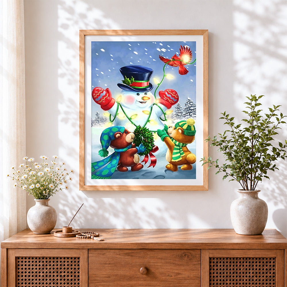 Finished bears decorating snowman with christmas lights cross stitch artwork displayed