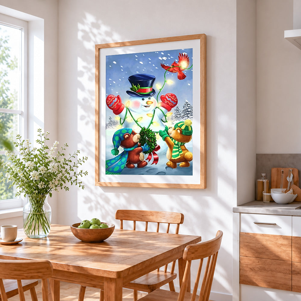 Bears decorating snowman with christmas lights cross stitch artwork displayed on wall as home decor