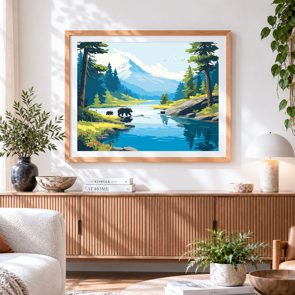 Finished bears in mountain stream cross stitch artwork displayed