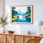 Bears in mountain stream cross stitch artwork displayed on wall as home decor