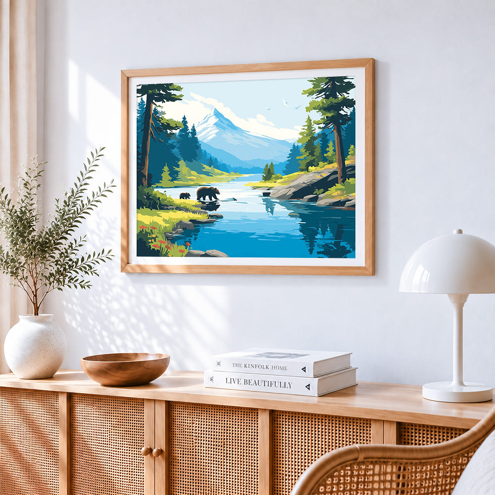Bears in mountain stream cross stitch artwork displayed on wall as home decor