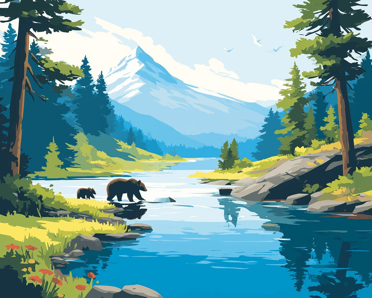 Bears in mountain stream paint by numbers kit for beginners