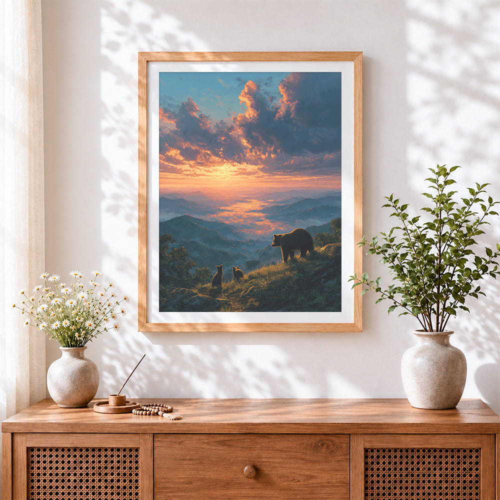 Finished bears watching sunset over cloud sea cross stitch artwork displayed