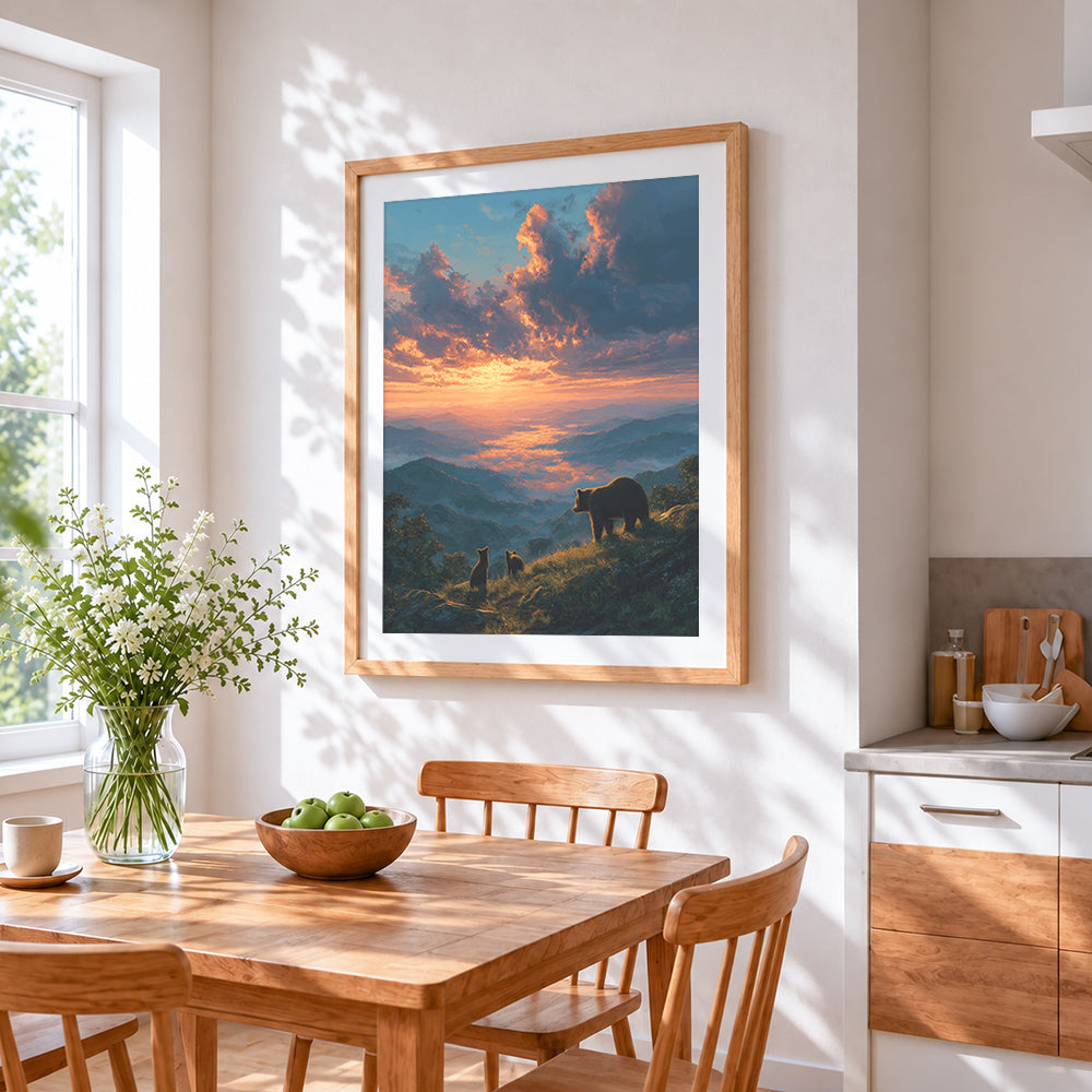 Bears watching sunset over cloud sea cross stitch artwork displayed on wall as home decor