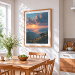 Bears watching sunset over cloud sea cross stitch artwork displayed on wall as home decor